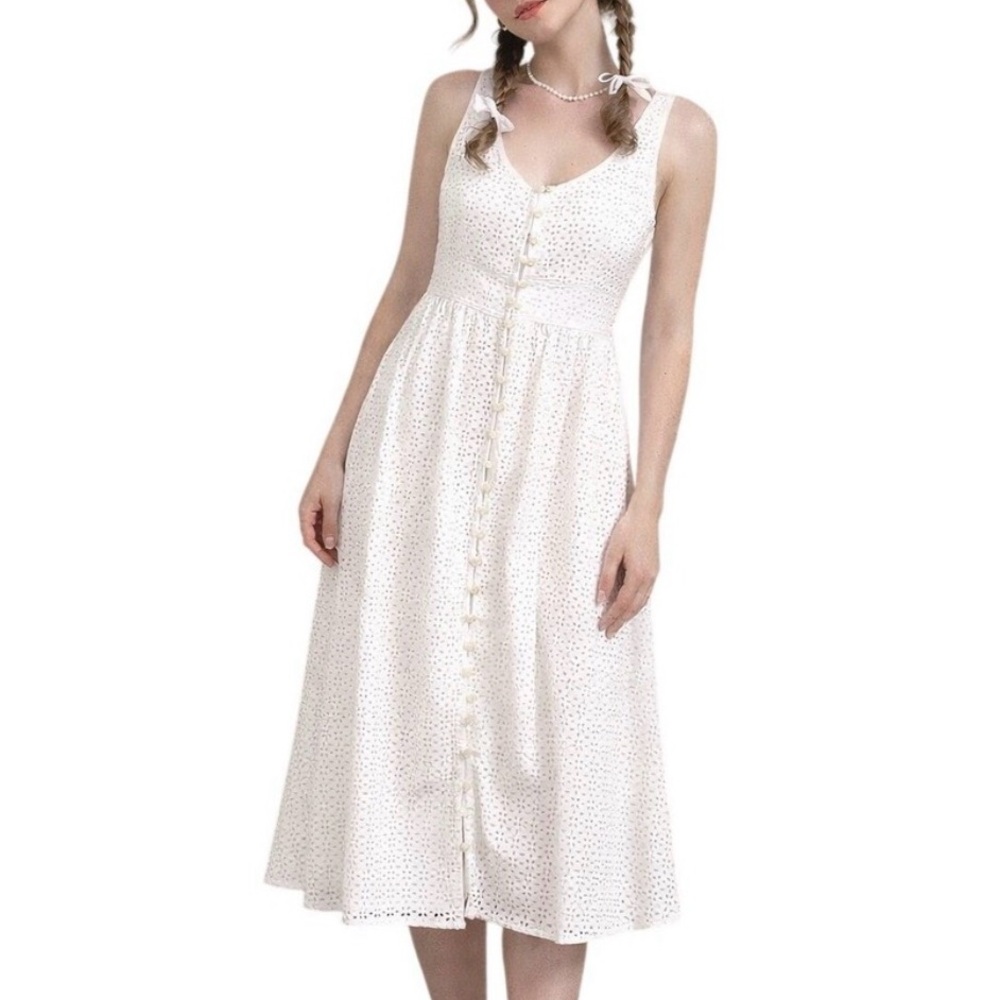 J.Crew Button Front White Eyelet Midi Dress Pockets Strapless Size 4